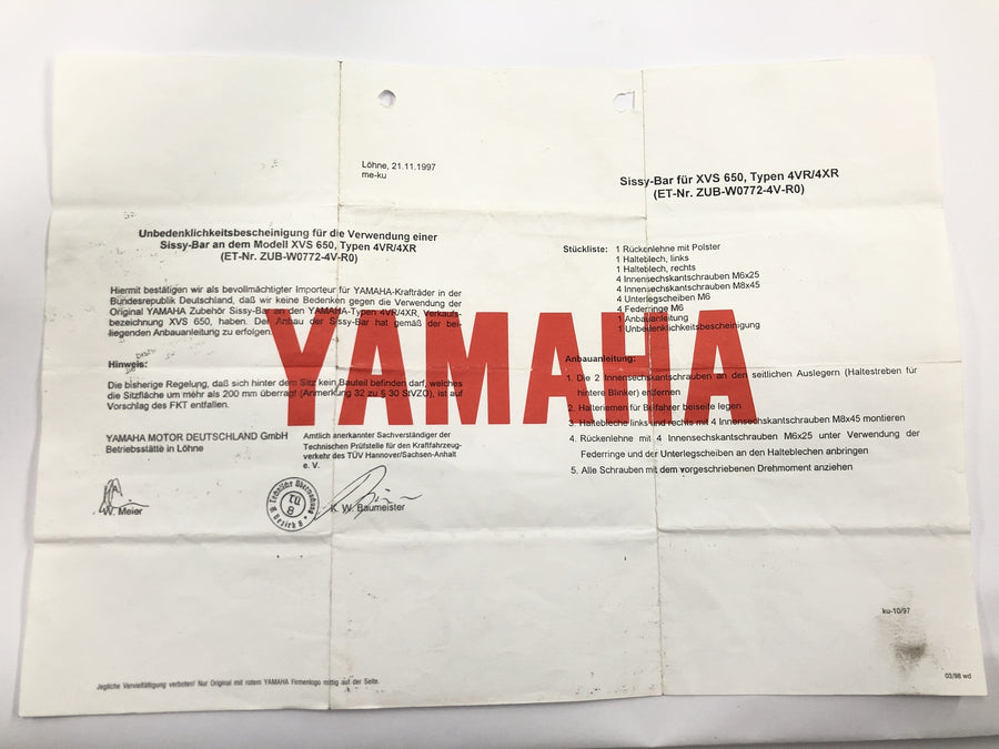 Yamaha XVS 650 4VR [1997] - opěrka opěradla Sissybar s certifikátem chrom