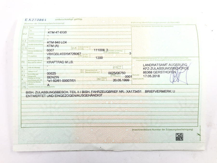 KTM 640 LC4 EGS [1999] - Rámový hlavní rám s registračním dokladem vozidla