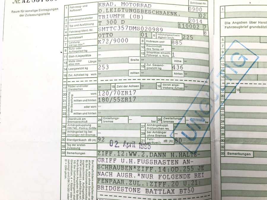 Triumph Daytona 900 T300D [1996] - Rám hlavního rámu s registračním dokladem vozidla